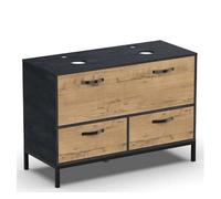 Mueble de baño doble sena estilo industrial en color roble gold y negro con 2 cajones, 1 puerta y patas 120x92x50 cm (lavabo opcional)