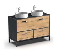 Mueble de baño doble sena estilo industrial en color roble gold y negro con 2 cajones, 1 puerta y patas 120x92x50 cm (lavabo opcional)