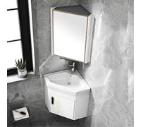 Mueble de baño esquinero con espejo montado en la pared, diseño de ahorro de espacio para baños pequeños, incluye grifo de frío y calor, color blanco, 38 cm