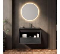 Mueble de baño flotante de 75 cm con lavabo de cerámica integrado, armario de madera contrachapada con cajón y estante, borde inclinado de 45°, sistema de cierre suave, premontado, grano de madera