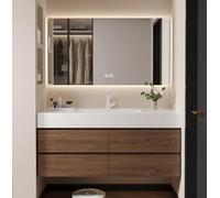 Mueble de baño flotante de madera maciza con espejo LED antivaho y fregadero de cerámica, moderno gabinete de baño con encimera de pizarra y cajones de almacenamiento, grifo incluido