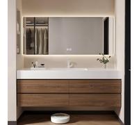 Mueble de baño flotante de madera maciza con espejo LED antivaho y fregadero de cerámica, moderno gabinete de baño con encimera de pizarra y cajones de almacenamiento, grifo incluido