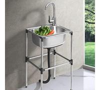 Mueble de baño, fregadero de acero inoxidable, fregadero de un compartimento para lavadero, fregadero de cocina comercial con grifo, lavabo multiusos, para garaje, R, grifo de agua fría simple - 48 x