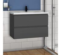 Mueble de baño gris brillante de 800 mm con fregadero de cerámica y 2 cajones, armario de almacenamiento para colgar en la pared, elegante mueble debajo del lavabo para baños modernos
