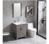 Mueble de baño moderno gris de 61 cm con coctelera de cerámica para grifo de fregadero único - Juego de drenaje, almacenamiento - Espejo de pared - Organizador de pedestal - Madera - 61 cm (L) x 46 cm