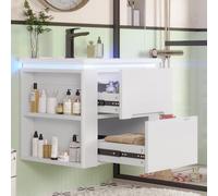 Mueble de baño moderno montado en la pared de 60 x 46 x 48,5 cm con sensor de radar LED, iluminación silenciosa, cajones de deslizamiento silencioso, fregadero integrado, elegante solución de