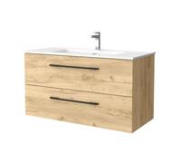 Salgar Mueble de baño Morai 100 cm 100% montado de fábrica Acabado Roble Tirador Negro suspendido 2 cajones Cierre amortiguado Lavabo Porcelana Blanca Marca, 97953