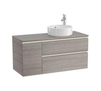 Mueble de baño para lavabo de 110 cm de ancho con 2 cajones y 1 puerta color roble The Gap Roca - Sin toallero / Con conjunto de patas / Sin caja organizadora + Con caja organizadora + Set de 2 colgad