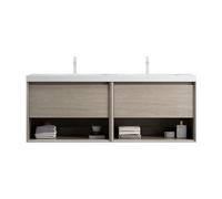 Mueble de baño para montaje en pared, lavabo rectangular de resina, parte frontal de madera maciza, cuerpo de tablero multicapa, aspecto de roble, vetas de madera, cajón de cierre suave (roble claro