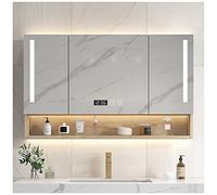 Mueble de baño rectangular con luz LED con organizador de espejo antivaho para almacenamiento, color beige, 90 cm, elegante solución de almacenamiento de baño