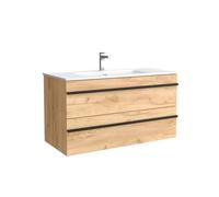 Salgar Mueble de baño Born 100 cm 100% montado de fábrica Acabado Roble suspendido 2 cajones Cierre amortiguado Apertura Tirador Perfil Lavabo Porcelana Blanca Marca, 97957