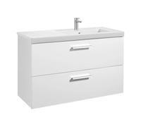 Mueble de baño con lavabo derecho y 2 cajones de 110 cm de ancho color blanco brillo Unik Prisma Roca - Con toallero / Con conjunto de patas / Sin caja organizadora + Con caja organizadora + Set de 2