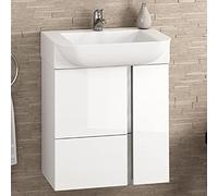 Mueble de Baño Suspendido a Pared Fondo Reducido Versa | Mueble Aseo Pequeño Volado 1 cajón 2 Puertas con Lavabo Cerámico (Blanco Brillo, 55 cm)