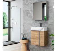 Mueble de Baño Suspendido a Pared Fondo Reducido Versa | Mueble Aseo Pequeño Volado 1 cajón 2 Puertas con Lavabo Cerámico | Roble Natural Tirador Negro | 55cm