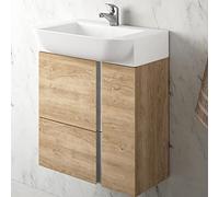 Mueble de Baño Suspendido a Pared Fondo Reducido Versa | Mueble Aseo Pequeño Volado 1 cajón 2 Puertas con Lavabo Cerámico (Roble Natural, 55 cm)