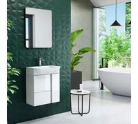 Mueble de Baño Suspendido a Pared Fondo Reducido Versa | Mueble Aseo Pequeño Volado 1 cajón 2 Puertas con Lavabo Cerámico | Blanco Brillo Tirador Cromo | 55cm
