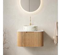 Mueble De Baño Suspendido Con Cerámica y Piedra Sinterizada, Cajón Con Cierre Suave y Bordes Curvos, Lavabo Redondo, Mueble Lavabo, Adecuado Para Baño, Madera Natural y Blanco, 61.00x48.00x49.10 cm