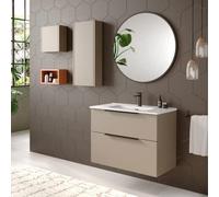 Mueble de Baño Suspendido con Lavabo Cerámico Galsaky | Mueble Baño Volado de 2 Cajones Cierre Amortiguado y Organizador | Guías Hettich | Moka Mate Tirador Oro | 70cm