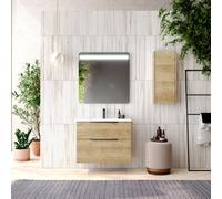 Mueble de Baño Suspendido con Lavabo Cerámico Galsaky | Mueble Baño Volado de 2 Cajones Cierre Amortiguado y Organizador | Guías Hettich | Roble Natural Tirador Oro | 80cm