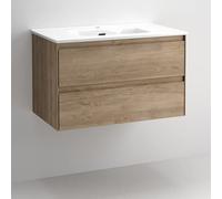 Mueble de Baño Suspendido con Lavabo Cerámico Praga | Mueble Baño Volado al Aire 2 Cajones con Uñero y Cierre Amortiguado y Organizador | Guías Hettich (70x46cm, Roble Natural)