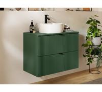 Mueble de baño suspendido estriado con lavabo sobre encimera redondo - Verde mate - 80 cm - ZEVINI