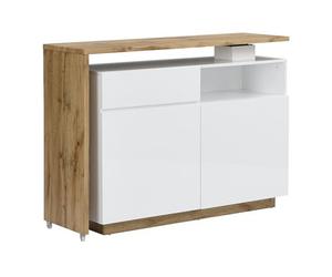 Mueble de bar pivotante ELDIR - 2 puertas, 1 cajón y 1 estante - MDF - Blanco lacado y roble