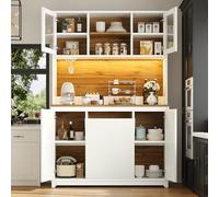 Mueble de cocina con puertas acrílicas, armario auxiliar alto con estante superior y central abierto, colgador de cristal para copas de vino, bandeja de basura, diseño minimalista, para cocina y
