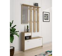 Mueble de Entrada con Espejo, Entrada para recibidor con Zapatero, Vaciador de Bolsillo para Apartamentos pequeños, 100x25h180 cm, Color Blanco y Roble