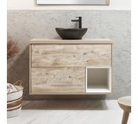 Mueble de Lavabo Suspendido - 1000mm con Repisa Abierta - Color Roble Claro Completo con Lavabo Sobre Encimera Oval de Color Grafito - Hoxton