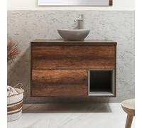 Mueble de Lavabo Suspendido - 1000mm con Repisa Abierta - Color Roble Oscuro Completo con Lavabo Sobre Encimera Oval Color Gris (Pebble) - Hoxton