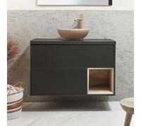 Mueble de Lavabo Suspendido - 1000mm - Repisa Abierta - Negro Gis Completo - Lavabo Sobre Encimera Oval Color Beige (Sand) - con LED - Hoxton