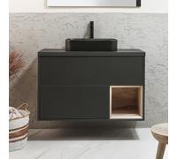 Mueble de Lavabo Suspendido - 1000mm - Repisa Abierta - Negro Gis Completo - Lavabo Sobre Encimera Rectangular - Grafito - LED - Hoxton