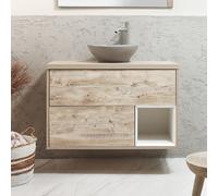 Mueble de Lavabo Suspendido - 1000mm - Repisa Abierta - Roble Claro Completo - Lavabo Sobre Encimera Oval Color Gris (Pebble) - LED - Hoxton