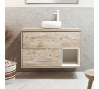 Mueble de Lavabo Suspendido - 1000mm - Repisa Abierta - Roble Claro Completo - Lavabo Sobre Encimera Redondo Color Blanco (Chalk) - con LED - Hoxton