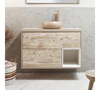 Mueble de Lavabo Suspendido - 1000mm - Repisa Abierta - Roble Claro Completo - Lavabo Sobre Encimera Redondo - Beige (Sand) - LED - Hoxton