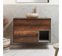 Mueble de Lavabo Suspendido - 1000mm - Repisa Abierta - Roble Oscuro Completo - Lavabo Sobre Encimera Redondo - Beige (Sand) - LED - Hoxton