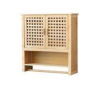 Mueble de Pared para Baño con 2 Puertas Enrejadas Auxiliar de Baño Colgante con Toallero Armario Suspendido Bambú 66 x 62 x 20 cm Natural