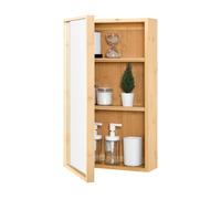 Mueble de Pared para Baño con Espejo y Puerta Armario Colgante con 2 Estantes Ajustables en Altura Auxiliar de Baño Suspendido Bambú 61 x 35 x 14 cm Natural