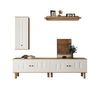 Mueble De Pared Para Salón Con Tablero De Partículas Y MDF, Conjunto 3 Piezas Con Almacenaje Modular Y Puertas Talladas, Mueble De TV Con Vitrina Y Estante, Blanco Y Madera Natural, Set 3 Piezas