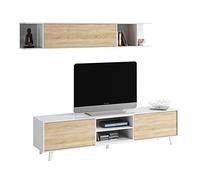 Mueble de salón, Comedor, Módulo TV + Estante, Modelo Zaiken Plus, Color Blanco Brillo y Roble Canadian, Medidas: 180 cm (Ancho) x 51 (Alto) x 41 cm (Fondo)