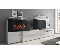 Mueble de salón con chimenea eléctrica: Blanco y negro brillante