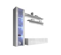 Mueble de Salón Moderno Suspendido Modelo Nora | Conjunto de Comedor con Vitrina LED, Mueble TV Bajo y Estantes | Acabado Frontal Blanco Brillo y Sistema Push-Click | 300cm aprox. de Longitud