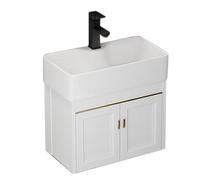 Mueble de tocador de baño de 19,5"Lavado de cerámica Fregadero de tocador de baño Grifos de agua fría y caliente y escurridor Lavabo de mano para espacio pequeño Gabinete flotante montado en la pared