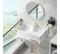 Mueble de tocador de esquina para lavabo de baño, armario flotante montado en la pared con espejo de lavabo de cerámica y toallero para inodoro