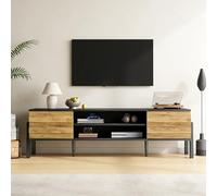 Mueble de TV con 2 armarios y espacio de almacenamiento abierto, mesa de televisión, soporte para TV, armario de salón, adecuado para televisores de hasta 70 pulgadas, 175 x 39,5 x 53 cm (color madera