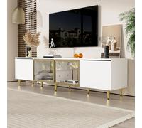 Mueble de TV con 4 puertas, moderna mesa de TV con patas doradas, mesa de televisión para televisores de hasta 75 pulgadas, mueble bajo para salón, dormitorio, asas doradas, blanco, 170 x 33 x 40 cm