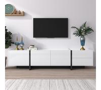 Mueble de TV con patas bloqueadas de color blanco brillante y negro, con puertas y cajones, puertas con estantes, diseño de líneas simples