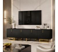 Mueble de TV con puerta estructurada, mesa baja con patas doradas y asas, mesa de TV para TV de hasta 65 pulgadas, mueble de TV para sala de estar, dormitorio, 160 x 38 x 44,5 cm, negro