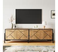 Mueble de TV de 153 x 40 x 50 cm, con 4 puertas, diseño geométrico de contraste, adecuado para televisores de 65 pulgadas, color madera natural con líneas negras.