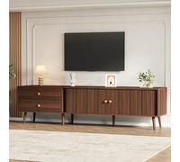 Mueble de TV de 180 cm, color nogal, para televisores de hasta 80 pulgadas | Con 2 cajones, 2 puertas de persiana enrollable y un amplio espacio de almacenamiento. Espacio de almacenamiento cerrado para